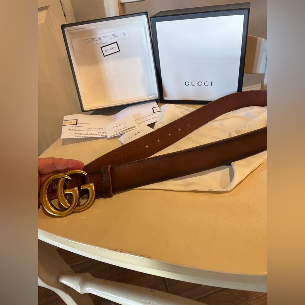Gucci Double G Brown Leather Belt Size 80/32 Made in Italy Authentic - Picture 5 of 6